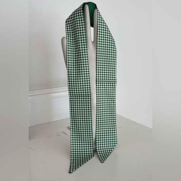 Green Gingham Ribbon Bag Scarf for bags, hair, neck, hats. - Picture 4 of 7